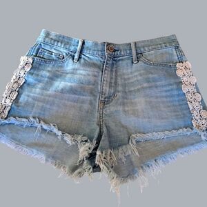 Hollister Blue and White High-Waisted Jean Shorts with Lace Trim